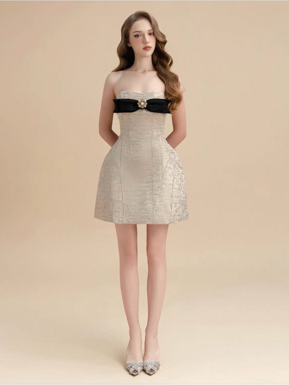 Vietnamese Strapless Beige Cocktail Dress with Black Bow NWT